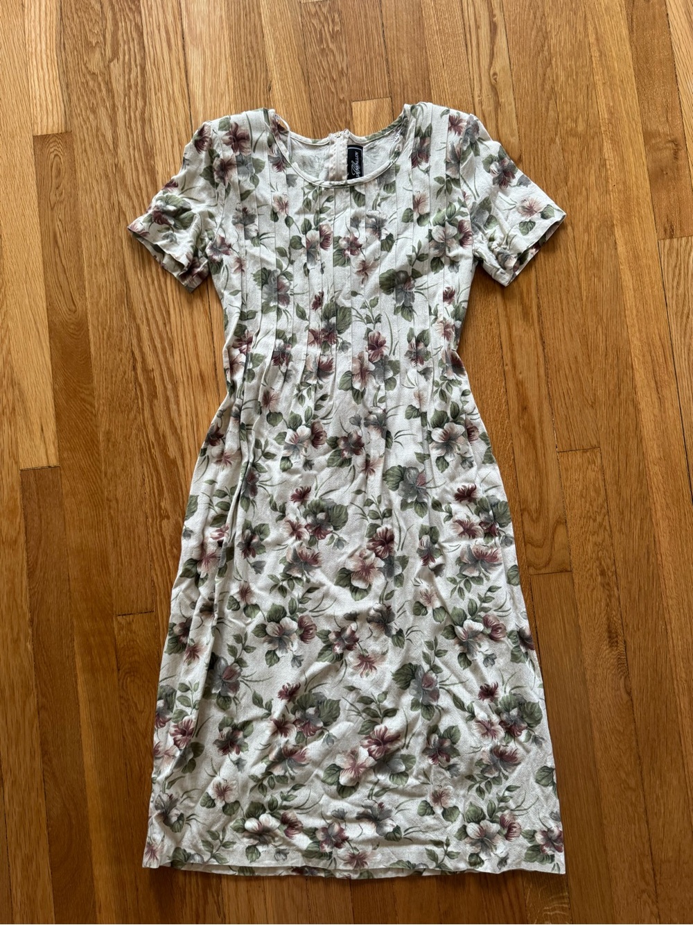 Molly Malloy Linen Blend Short-Sleeve Midi Dress Cream w/Green&Pink Floral